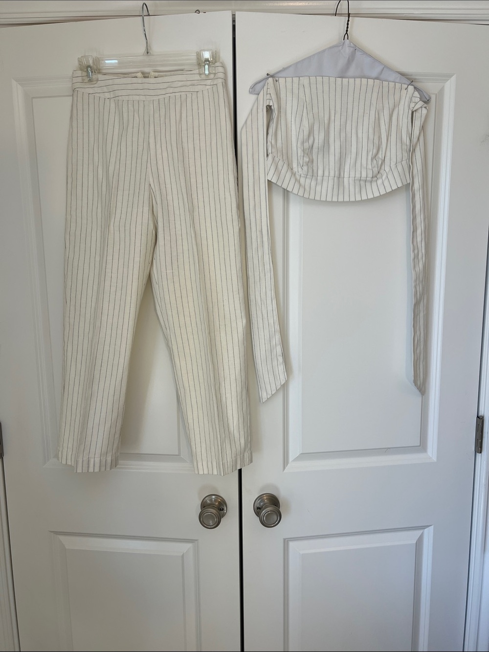 Cream Pinstripe Straight-Leg Pants — Two-Piece Set